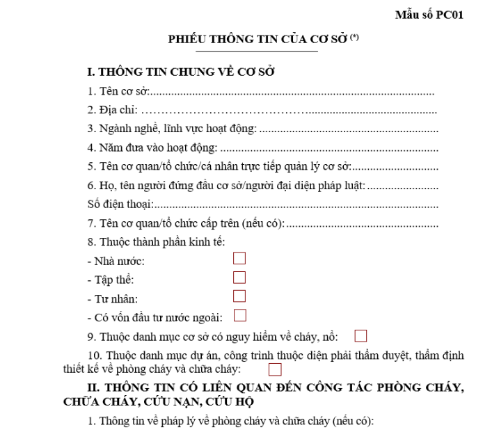 Mẫu Phiếu Thông Tin Cơ Sở Về Phòng Cháy Chữa Cháy Đầy Đủ&nbsp;